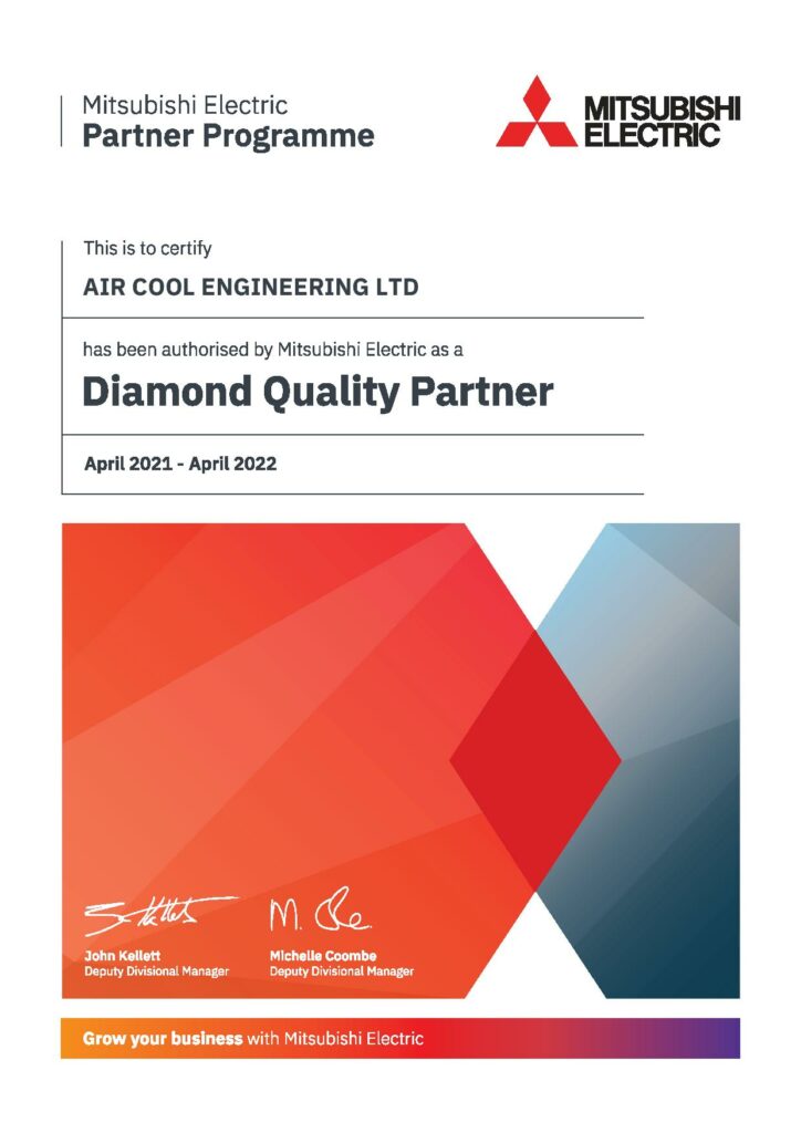 Mitsubishi Electric Diamond Quality Partner awarded to air cool engineering NI Ltd for a 5th consecutive year